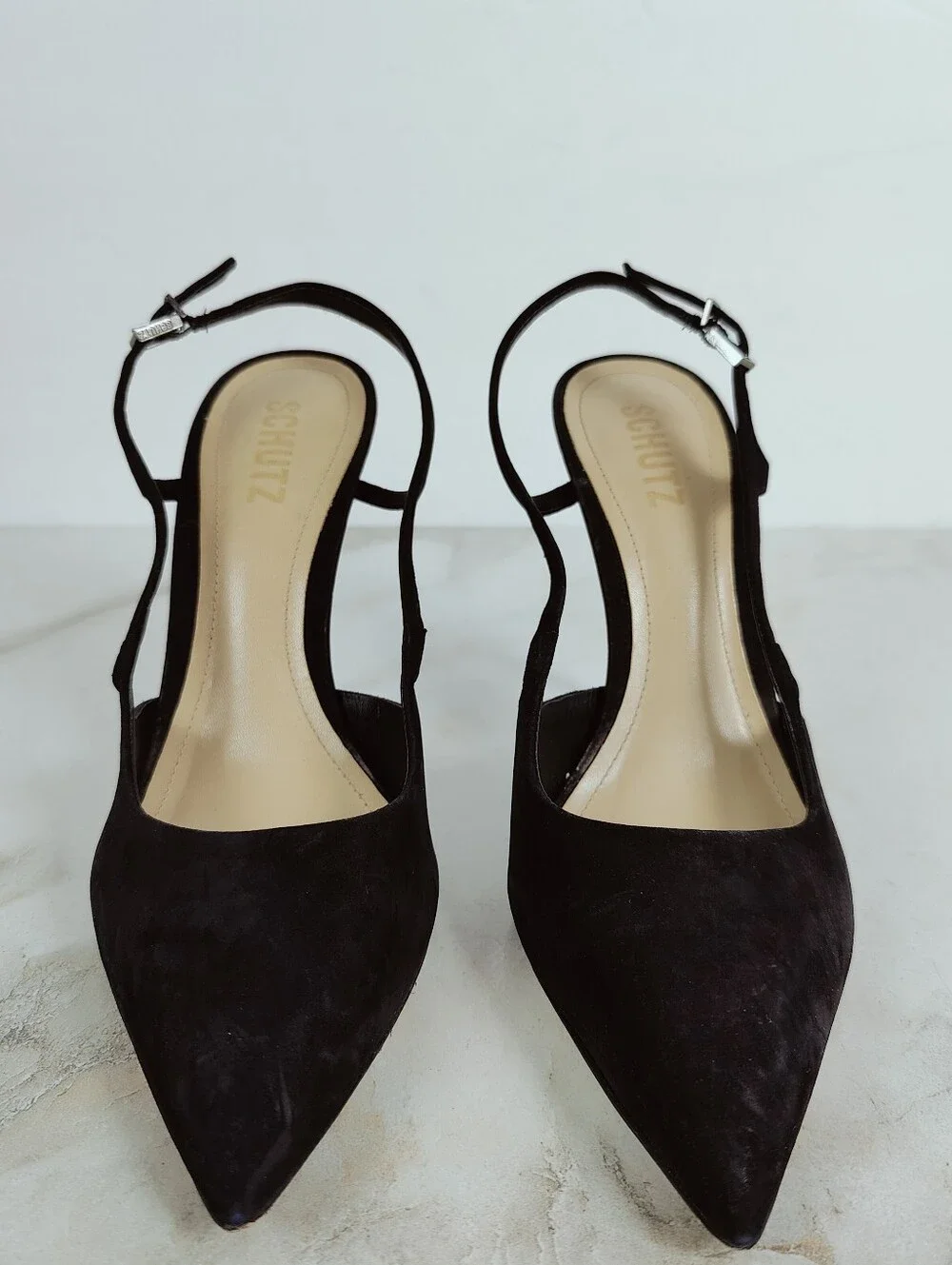 Schutz Boris Black Suede Slingback Pointed Toe Stiletto Pumps Heels, Sz 8